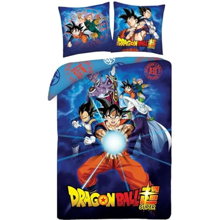 Halantex DRAGONBALL GOKU Bettwäsche-Set, 2-teilig mit Kamehameha Design, 140 x 200 cm Bettbezug und 70 x 90 cm Kissenbezug, wendbar, 100 % Polyester, mehrfarbig