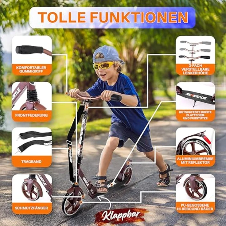 Pyle Hurtle Renegade Tretroller, 2-Rad-Klapproller für Kinder und Erwachsene mit verstellbarem T-Bar und robustem Legierungsdeck – Bild 2