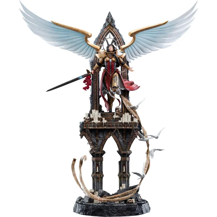 Weta Workshop Warhammer 40,000 Statue 1/6 Celestine the Living Saint, Limited Edition 96 cm, aus hochwertigem Polystone mit austauschbarem Helm und LED-Beleuchtung, dynamische Darstellung mit Tauben und Ruinen