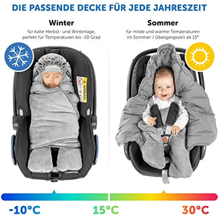 Zamboo Baby Einschlagdecke mit Füßen - Sommer - leichte Decke für Babyschalen/Autositze (passend für Maxi-Cosi, Cybex, Römer) und Kinderwagen, mit Kapuze und Tasche - Grau – Bild 2