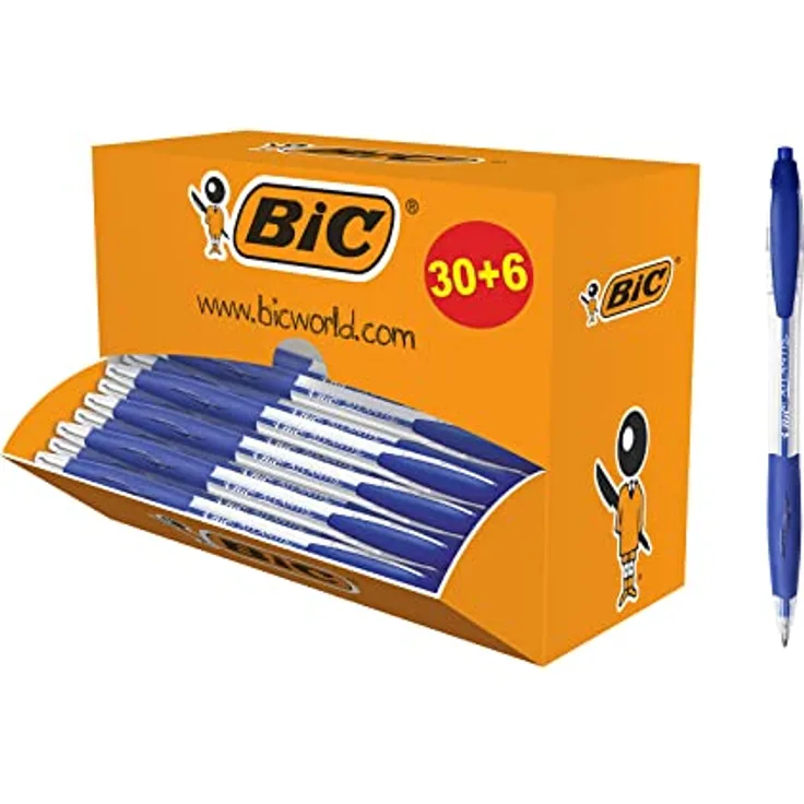Bic Atlantis Classic, Nachfüllbarer Kugelschreiber mit Clip, ergonomischer Gummigriff, Blau, 36 Stück