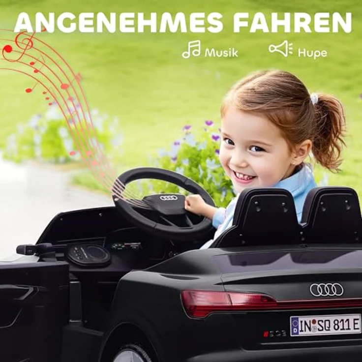 AIYAPLAY Audi Q8 Kinder Elektroauto 12V mit 2,4G Fernbedienung, 2 Motoren, MP3 Musik & Hupe, Scheinwerfer, 4 gefederte Räder, Schwarz für 3-4 Jahre – Bild 5