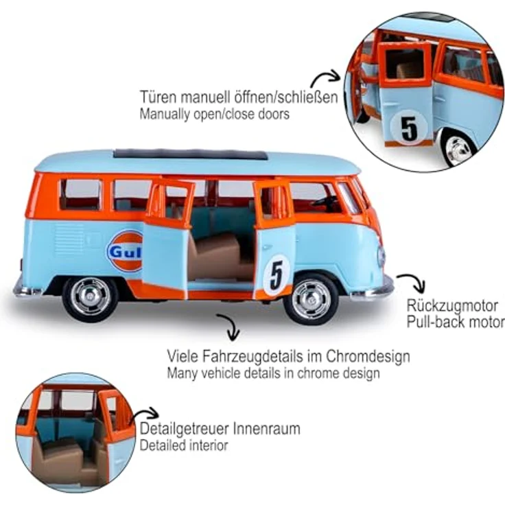 JAMARA 402604 Volkswagen T1 Diecast Modellauto 1:38, mit manuell öffnenden Türen, Rückzugsmotor, hochwertiges Spielzeug für Kinder – Bild 4