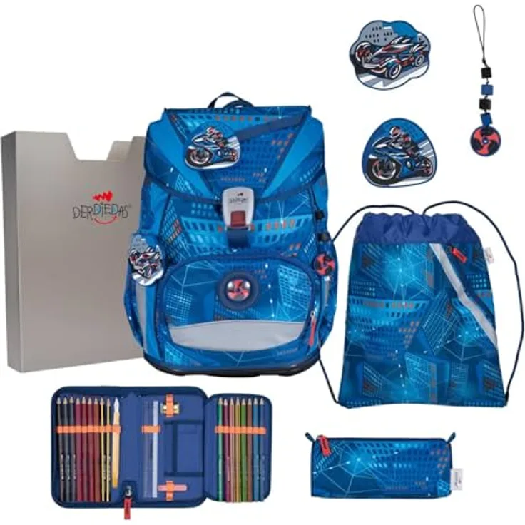 DerDieDas ErgoFlex Superlight Schulranzen Set 5-teilig, großer Stauraum, gepolsterte Träger, robustes Material, blau
