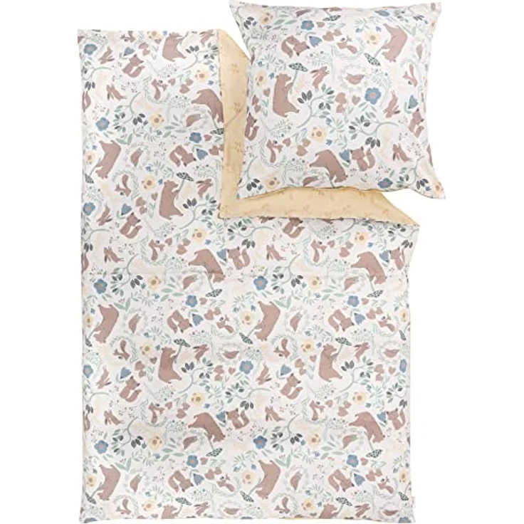 s.Oliver Kinderbettwäsche Waldtiere 100x135 cm - 100% Baumwolle, praktischer Reißverschluss & maschinenwaschbar, Bettwäsche für Kinder 2tlg. Tiere gelb bunt – Bild 1