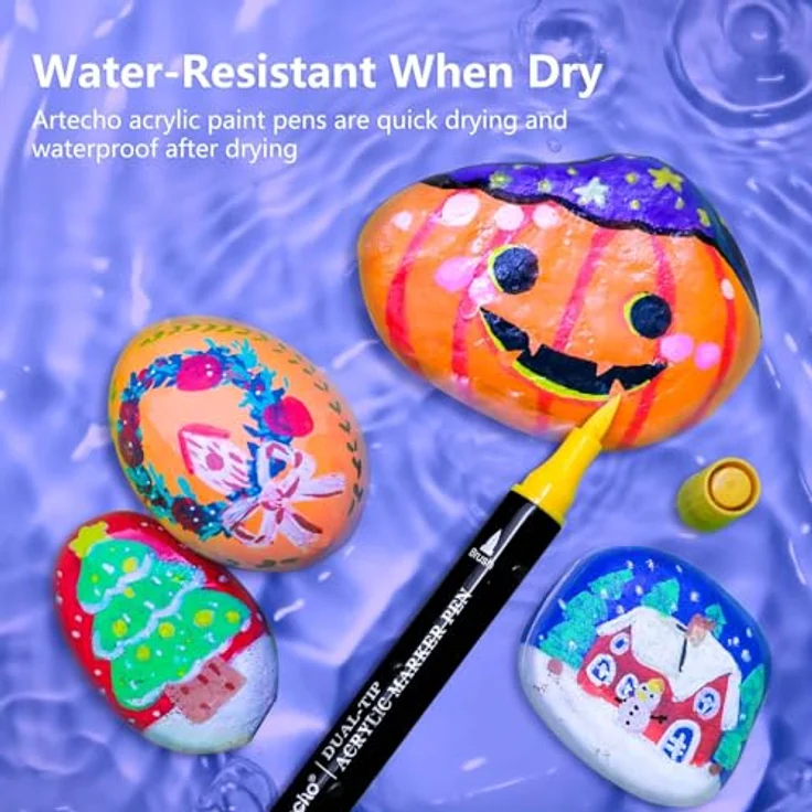 Artecho Acrylstifte 24 Farben, Dual Tip Marker mit 0.5-5mm Pinsel- und feiner Spitze, wasserfest für Rock Painting, Glas, Papier, Holz, Stoff und DIY Crafts – Bild 5
