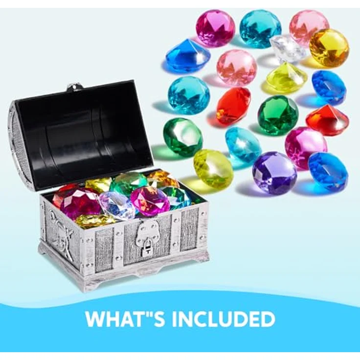 Sloosh Sloosh Tauchjuwel Pool Spielzeug, 19 bunte Diamanten mit Piraten Schatzkiste, Acryl Tauchspielzeug für Kinder, Unterwasser Edelstein in Grau – Bild 4