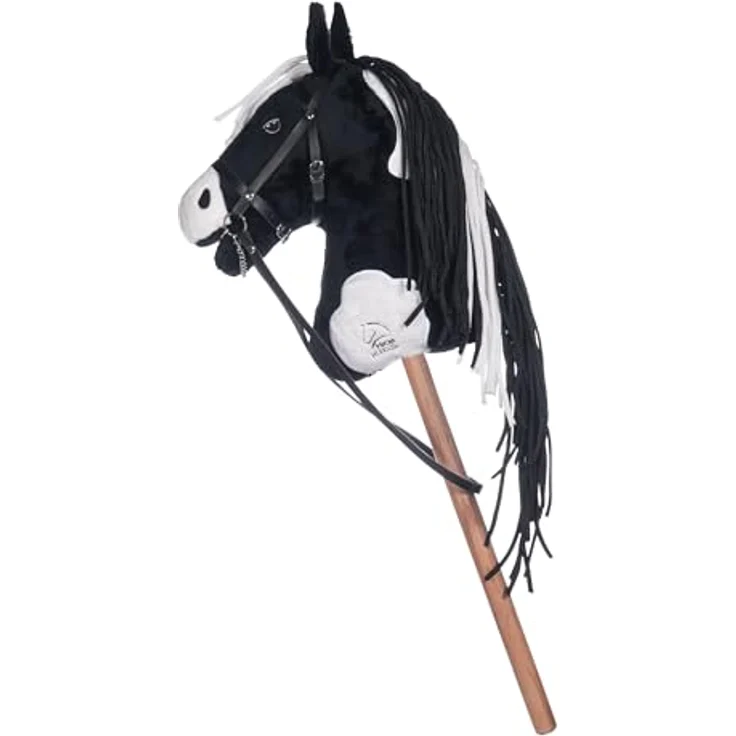 HKM Hobby Horse Steckenpferd schwarz/weiß, abnehmbare Trense, lange Mähne, 40 cm Holzstiel, für Dressur & Parcours – Bild 2