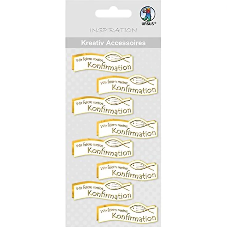 Ursus 564000324 - Kreativ Accessoires, Fisch Wir feiern Konfirmation, gold, 8 Stück, selbstklebend, aus verschiedenen hochwertigen Materialien, zum Dekorieren von Karten und Geschenke
