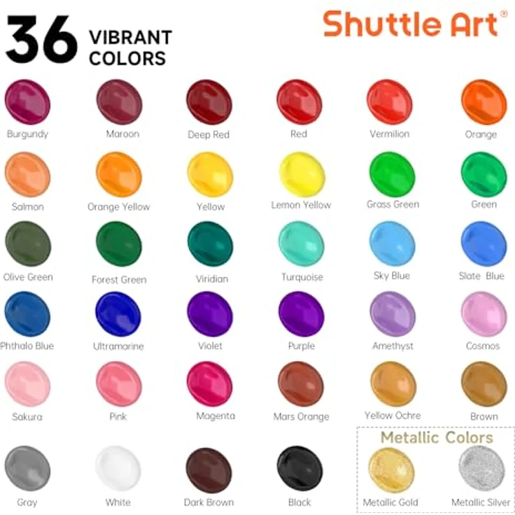 Shuttle Art Acrylfarben Set 36 Farben in 60ml Flaschen mit 12 Pinseln & 1 Palette, ungiftig, wasserfest, vielseitig für Leinwand, Holz, Stein – Bild 2