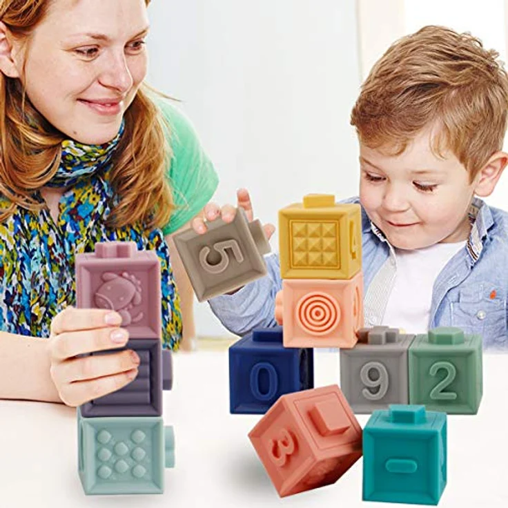 Mini Tudou Baby Bausteine Spielzeug Stapelwürfel Bauen Motorikspielzeug Baby Beißring,Lehrreich Lernspielzeug mit Zahlen Tiere Formen Texturen ab 6 Monate 12 Stück – Bild 8