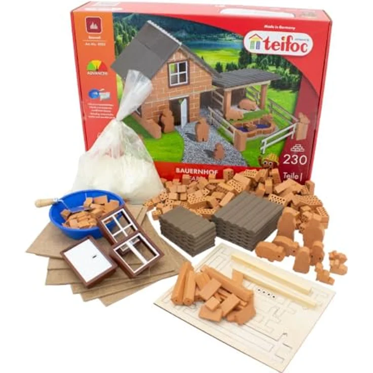 teifoc 4920 Steinbaukasten - Bauernhof, Kreativ-Bauset mit 230 Bauteilen, DIY Bausatz aus natürlichen Materialien, für Kinder ab 8 Jahren – Bild 1