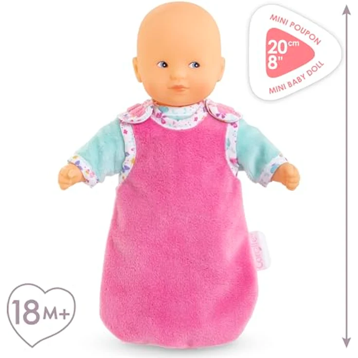 Corolle Mon Premier Poupon Mini Calin Gute Nacht Set, Weichkörperpuppe 20cm mit weißen Strampler, extra türkisem Pyjama, pinkem Schlafsack und Vanilleduft, ab 18 Monaten – Bild 2