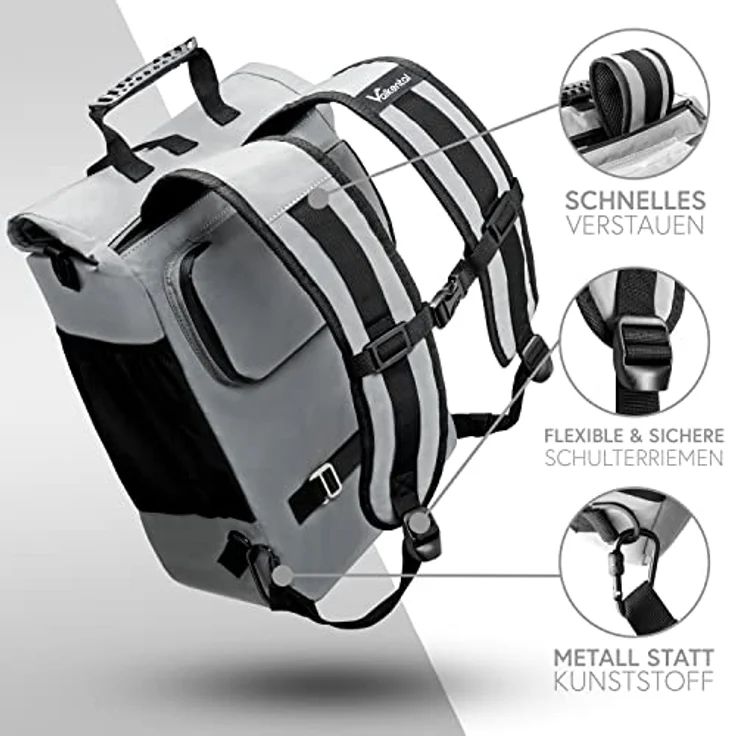Valkental Vollreflektierende 3in1 Fahrradtasche - NEUAUFLAGE 2024 - Wasserdicht & Reflektierend - 23L - Grau – Bild 3
