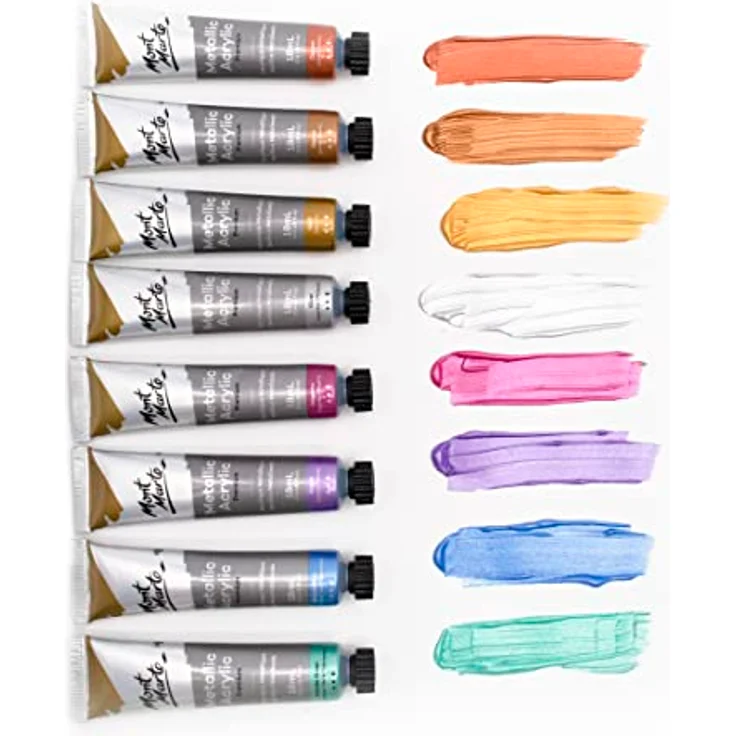 Mont Marte Acrylfarben Metallic Set, 8 Stück à 18 ml, brillante lichtechte Farben mit großer Deckkraft für kreative Acrylmalerei – Bild 3