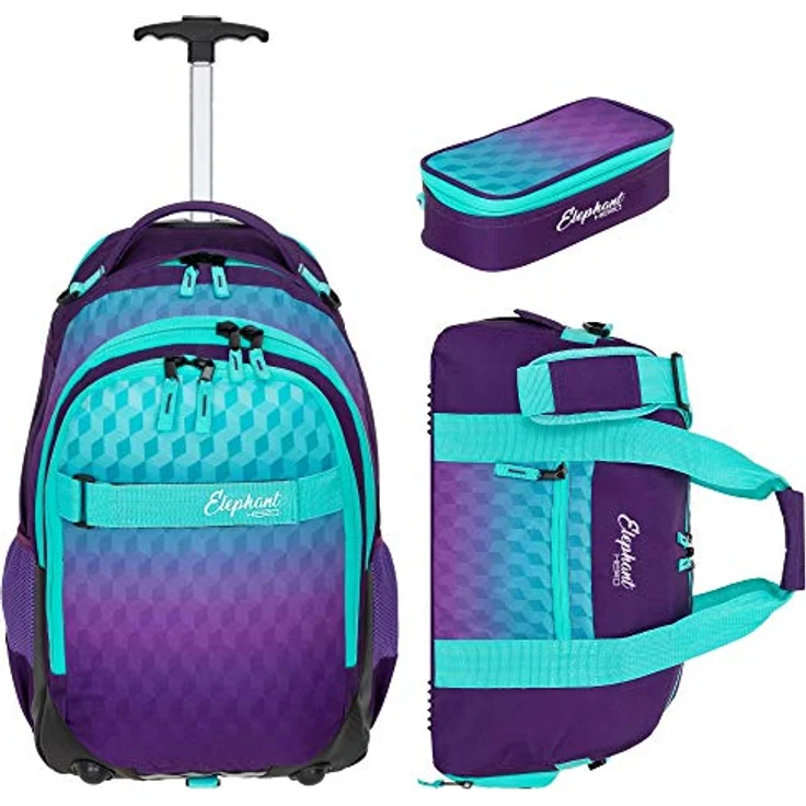 Elephant 3 Teile Set Trolley Hero Signature Schulranzen Sporttasche Mäppchen 12800 (Violet Cube, Lila-Türkis) – Bild 1