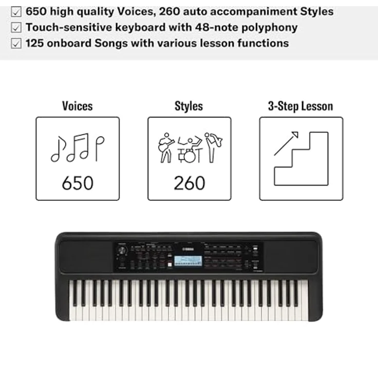 YAMAHA PSR-E383 Tragbares Keyboard für Anfänger – 650 Instrumentenklänge, anschlagdynamische Tasten und 48-stimmige Polyphonie – Inkl. 2 Online-Keyboard-Lessons an der Yamaha Music School – Bild 5