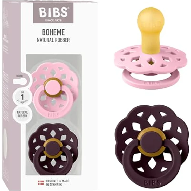 BIBS Boheme Schnuller, 0-6 Monate, 2er-Pack, Baby Pink/Plum, aus Naturkautschuklatex, EN1400+A2-zertifiziert, BPA-frei – Bild 1
