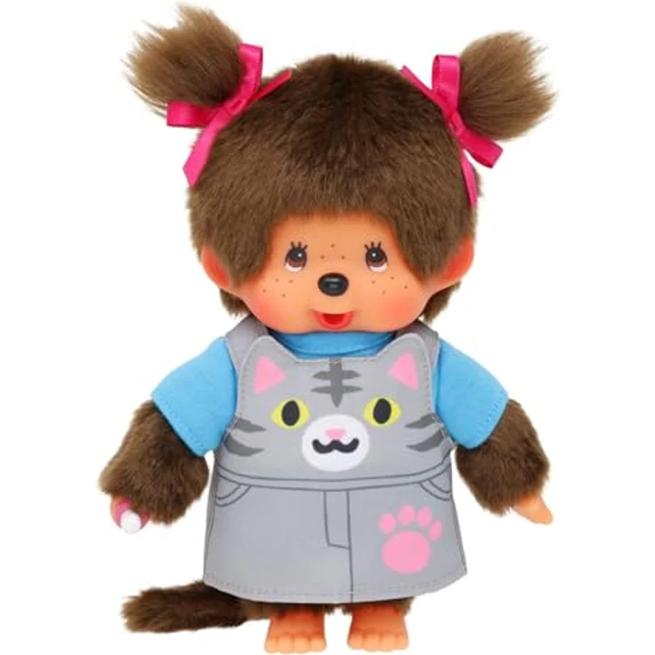 Monchhichi Mädchen im Katzen-Kleid mit Zöpfen, 20 cm Plüschfigur aus weichem Fell – Bild 2