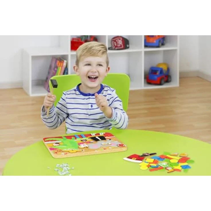 Lena 65835 - Hammerspiel Party, Nagelspiel mit 38 farbigen Teilen & 16 Sonderteile, XXL Grundplatte aus Kork ca. 28 x 19,5 cm, Hammer und Nägel, Klopfspiel für Kinder ab 3 Jahre, Hämmerchenspiel – Bild 8