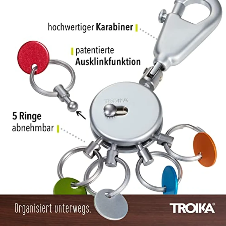 TROIKA KYR61/MC Patent Schlüsselhalter, runder matter Schlüsselanhänger mit Karabinerhaken, 5 ausklinkbare Ringe und farbige Plättchen zur Schlüsselzuordnung – Bild 2