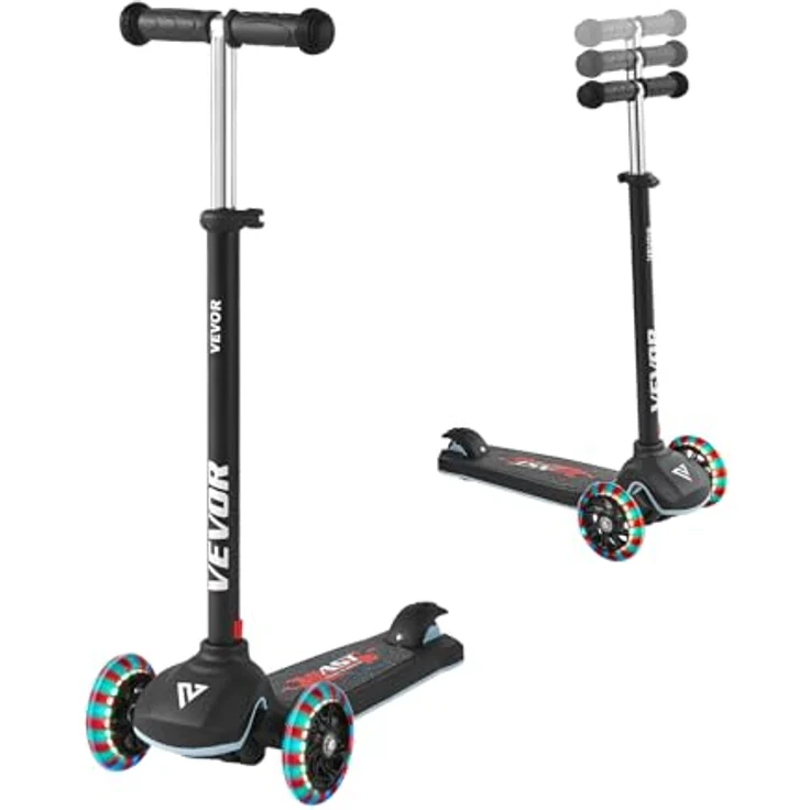 VEVOR Kinderroller (3 Räder) mit leuchtenden 5-Zoll-Rädern, höhenverstellbarem Lenker (28-31,5 Zoll), rutschfestem Deck und leichtem Aluminiumrahmen, Schwarz, bis 75 kg – Bild 1