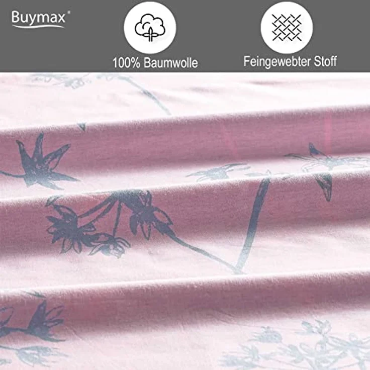 Buymax Bettwäsche 155x220 Baumwolle 2-Teilig Bettgarnitur mit Bettbezug und Kissenbezug 80x80 Renforce Bettwäsche-Set Wendbar Botanisch Blätter Zweige, Rosa Grau – Bild 3