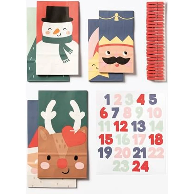 Folia Adventskalender SANTA & FRIENDS, 72-teiliges Set mit 24 Papiertüten in verschiedenen Größen und nachhaltigen Materialien, dunklerot – Bild 3