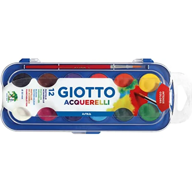 GIOTTO 3512 00 Wassermalkasten, 12 leuchtende Farben mit Synthetikpinsel und Wasserumlauf