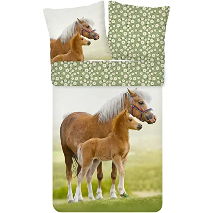ESPiCO Bettwäsche Trendy Bedding Pferd Pony Fohlen Haflinger Koppel Blumen Blümchen Grün Braun Renforcé, 2-teilig, 100% Baumwolle, Atmungsaktiv, Öko-Tex Standard 100, 135x200 cm
