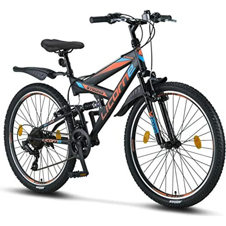 Licorne Bike Strong V Premium Mountainbike in 26 Zoll - Fahrrad für Jungen, Mädchen, Damen und Herren - Shimano 21 Gang-Schaltung - Vollfederung - Schwarz/Blau/Orange