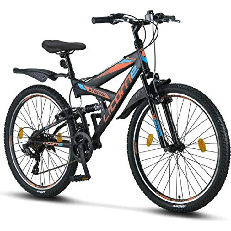 Licorne Bike Strong V Premium Mountainbike in 26 Zoll - Fahrrad für Jungen, Mädchen, Damen und Herren - Shimano 21 Gang-Schaltung - Vollfederung - Schwarz/Blau/Orange – Bild 1