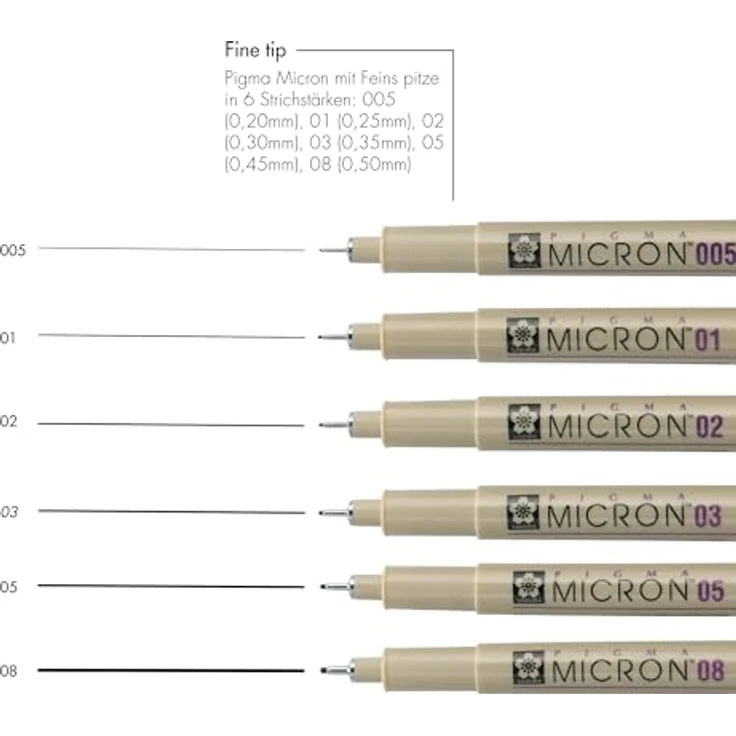 Sakura Pigma Micron Fineliner-Set, schwarz, 6 St. mit dokumentenechten, wasserfesten Tinten in 6 Spitzenbreiten von 0,2 bis 0,5 mm – Bild 2