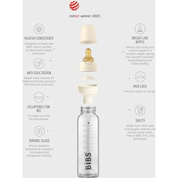 Bibs BIBS - Anti-colic Glass Bottle for Babies 225 ml IVORY – Bild 2
