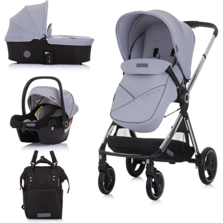 Chipolino Elite 3 in 1 Kinderwagen, verstellbarer Kinderwagen mit i-Size Autositz und gefederten Rädern, grau – Bild 1