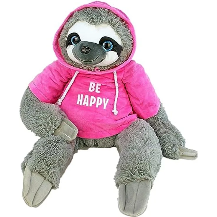 BEMIRO Faultier Kuscheltier rosa mit Pullover Be Happy - ca. 70 cm, Faultier Kuscheltier mit Pulli, Kletthände zum anhängen, Plüschtier Faultier mit Hoodie