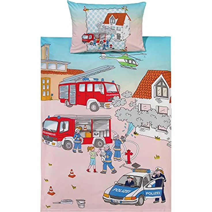 Erwin Müller Kinder-Bettwäsche, Bettgarnitur Polizei und Feuerwehr Renforcé - temperaturausgleichend, strapazierfähig, mit praktischem Reißverschluss - polizei und feuerwehr Größe 100x135 cm (40x60 cm – Bild 1
