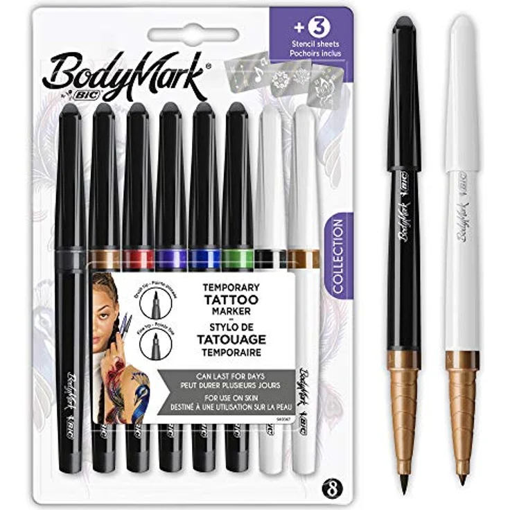 BodyMark by BIC, temporäre Tattoos in 8 Farben, Pinsel & feine Spitze, geruchsarme & schnell trocknende Tattoo Stifte für die Haut mit 3 Schablonen – Bild 1