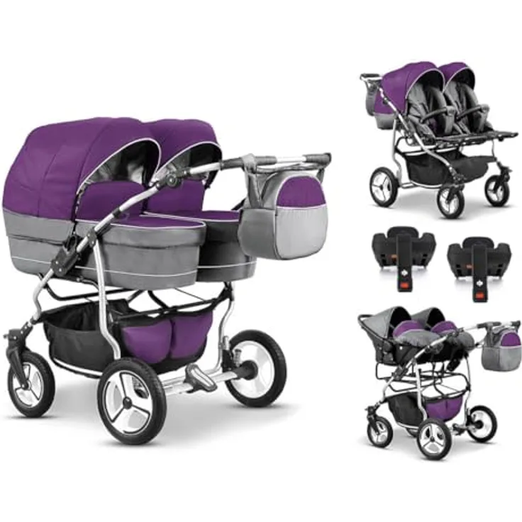 Elcar Zwillingskinderwagen 5 in 1 Twin Star inkl. Autositze und Iso Bases - 14 Teile - Federung, schwenkbare Vorderräder - in 16 Farben