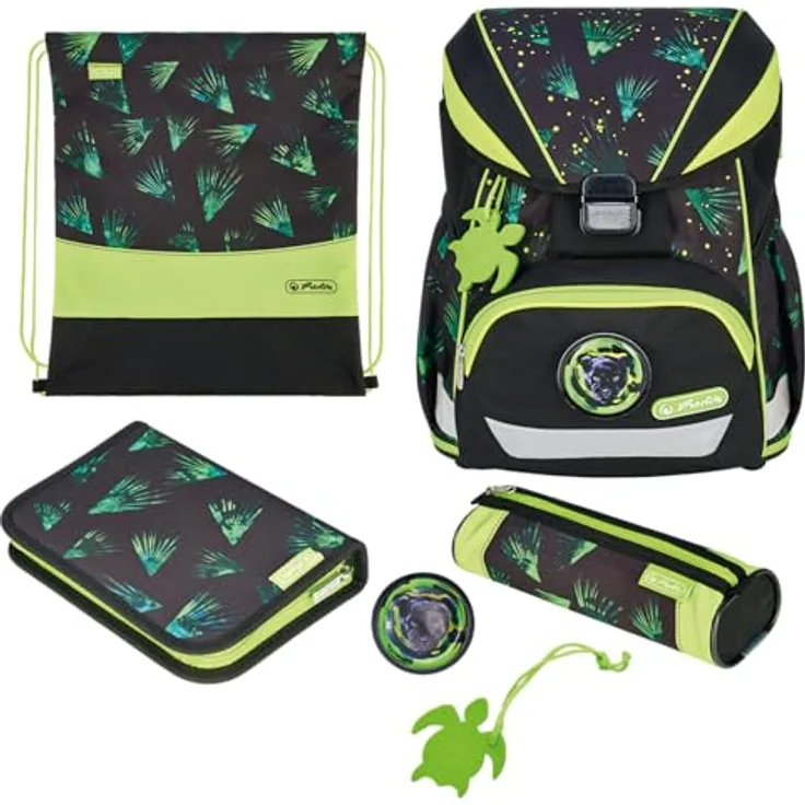 Herlitz Schulranzen Set Jungle Explorer, 6-teilig, ultraleichte ergonomische Schultasche für 1. Klasse, 22 L, wasserabweisend, mit Reflexmaterialien