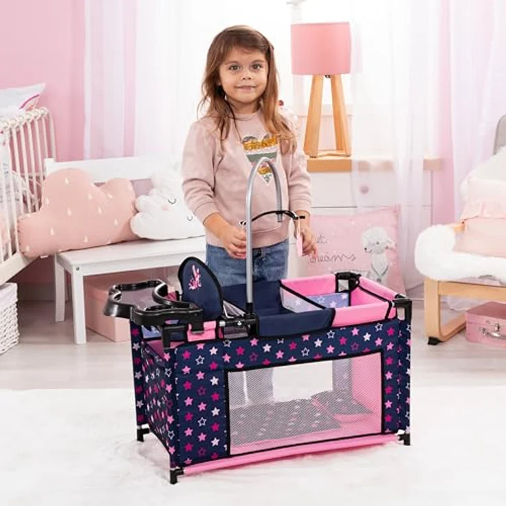 Bayer Puppenbett Multibett, mit integriertem Hochstuhl, Wickelablage und Mobile, Spielmöglichkeiten für Puppen, inkl. Kleiderbügel 3er Set – Bild 5