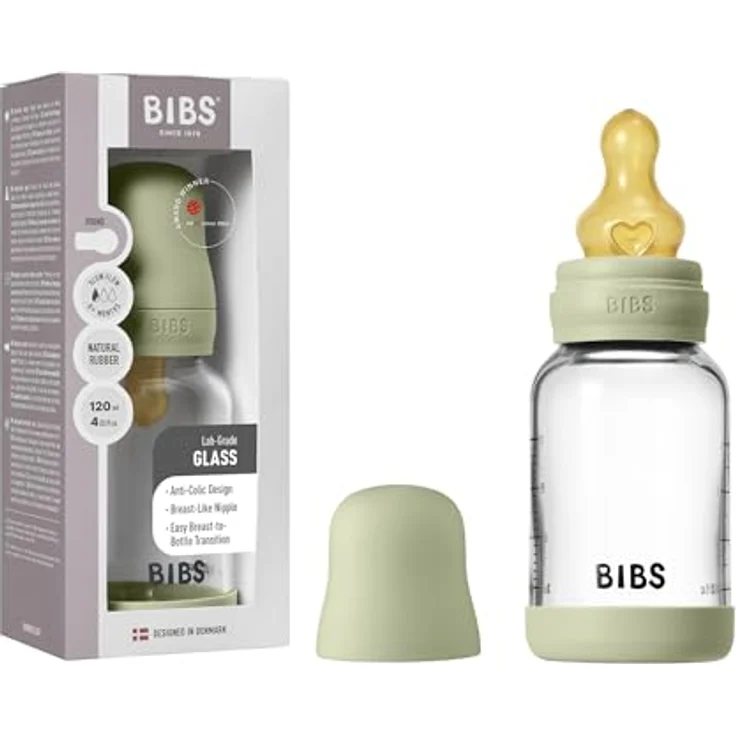 Bibs Glas-Flasche Baby Bottle Round 120 ml, Latex-Trinksauger langsamer Nahrungsfluss, BPA-frei, Antikolik-Design, Sage – Bild 1