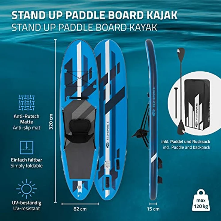 ECD Germany Aufblasbares Stand Up Paddle Board Kajak Sitz, 320 x 82 x 15 cm, Blau, PVC, bis 120 kg, inkl. Pumpe, Tragetasche, Zubehör, SUP Board mit Sitzfunktion – Bild 2
