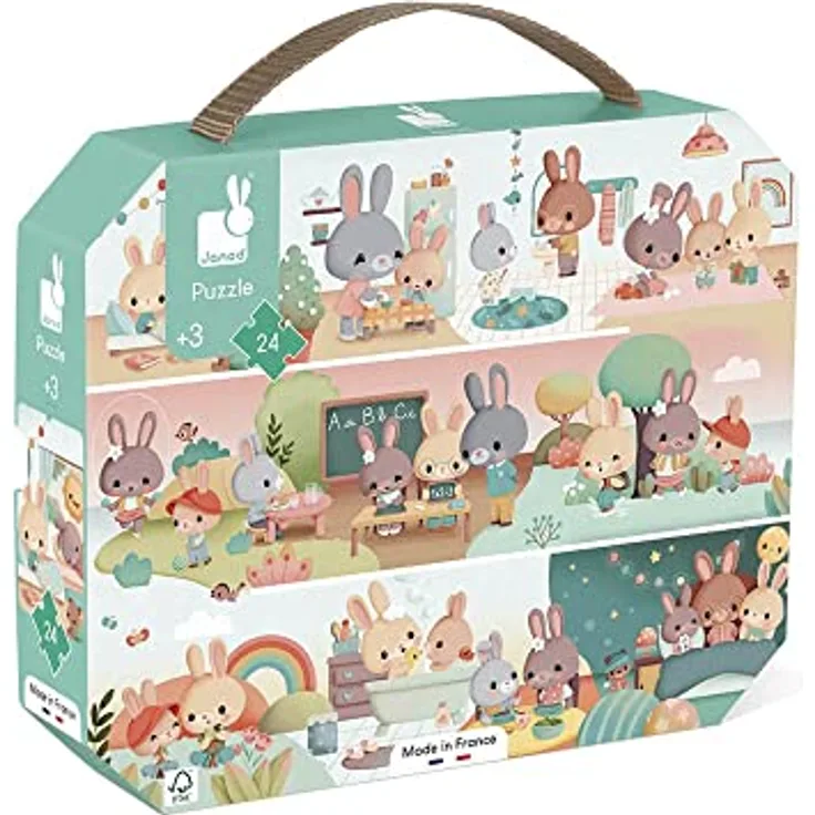 Janod Kinderpuzzle EIN Tag, 24 Teile aus FSC-zertifizierter Pappe, Lernspielzeug für Feinmotorik und Konzentration, Koffer mit Griff, ab 3 Jahren, J02601