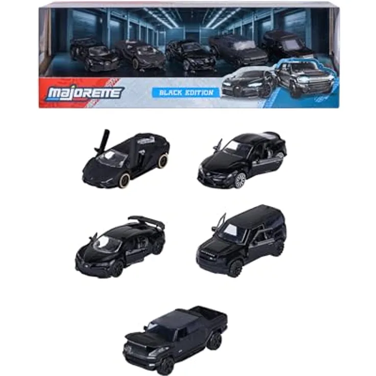 Majorette Geschenkset Fahrzeuge Black Edition, inkl. 5 Die-Cast Spielzeugautos (schwarz) - Audi R8, Brabus B63, Nissan GT3 Nismo GTR, Dodge Demon, Mercedes-AMG GTR