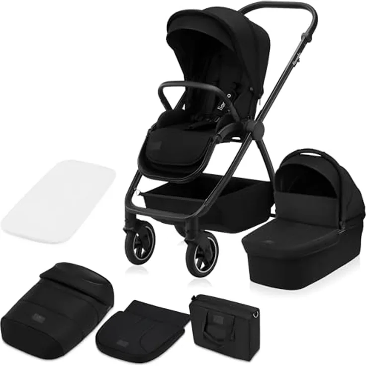 Lionelo Meril 2-in-1 Kombikinderwagen, XL-Babywanne bis 9 kg, Buggy bis 22 kg, geländegängige Gummiräder, Vollfederung, XXL-Verdeck - Black
