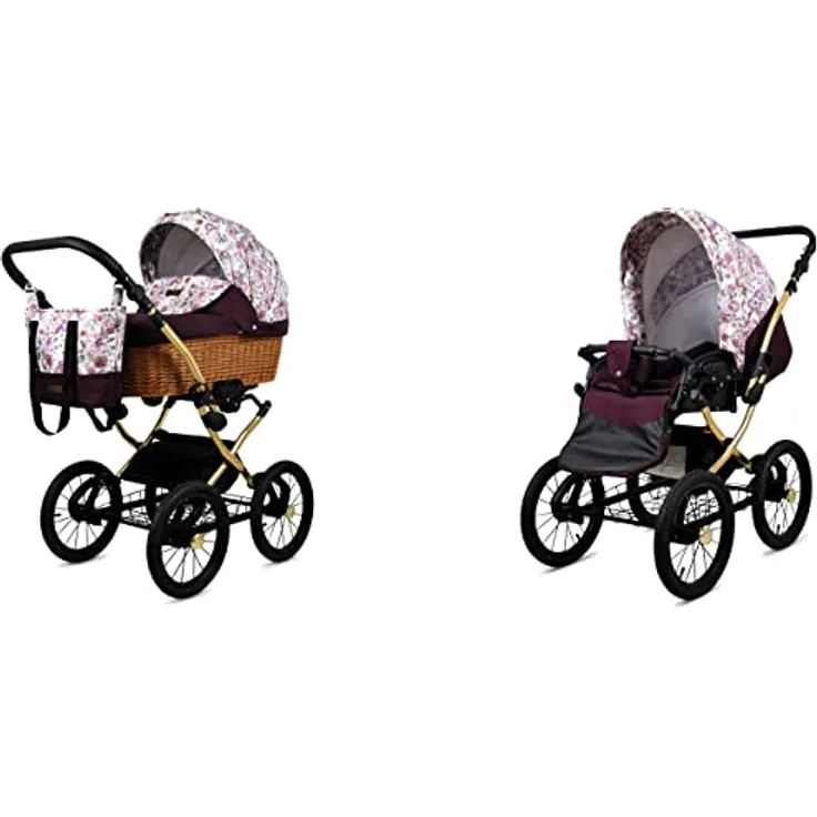 Babylux ALU 2in1 Kinderwagen für Kleinkinder - Maroon Flowers Gold Frame, Max. 15kg, verstellbar, Sicherheitsgurte, faltbar, mit Zubehör
