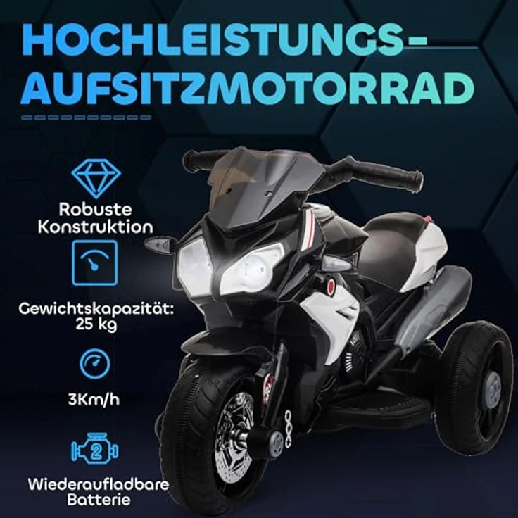 HOMCOM Elektro Kindermotorrad, Elektromotorrad mit Musik und Scheinwerfer, 3 km/h, für Kinder 3-5 Jahre, max. 25 kg, Schwarz+Weiß – Bild 4