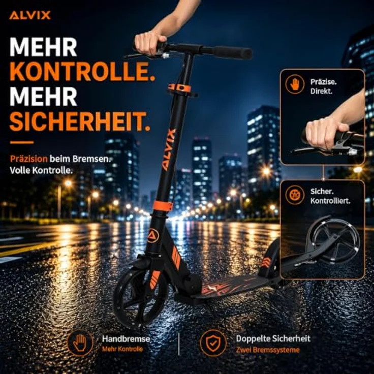 ALVIX Cityroller Kinderroller K-Serie, faltbar mit Handbremse, 200-mm-LED-Rädern, breites 120-mm-Deck, Tragegurt, für Kinder ab 6 Jahren – Bild 2