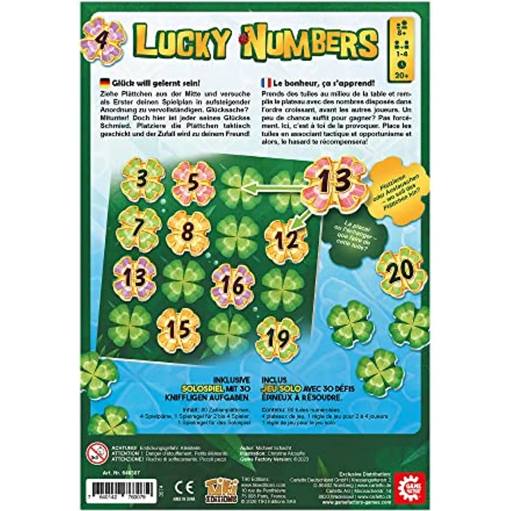 Game Factory 646307 Lucky Numbers, Legespiel für Erwachsene und Kinder ab 8 Jahren, Familienspiel, für 1-4 Spieler, Weiß, Deutsche Edition – Bild 4